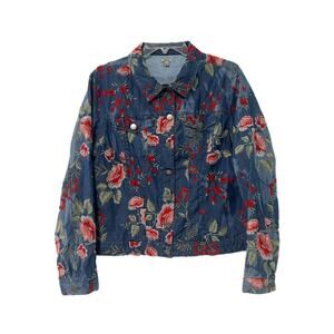 Reba Fully Embroidered Denim Jean Jacket Size Large Floral Lined Boho Distressed